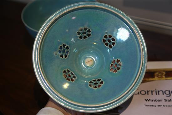 A Ruskin pottery pale blue souffle glazed bowl and cover height 18cm